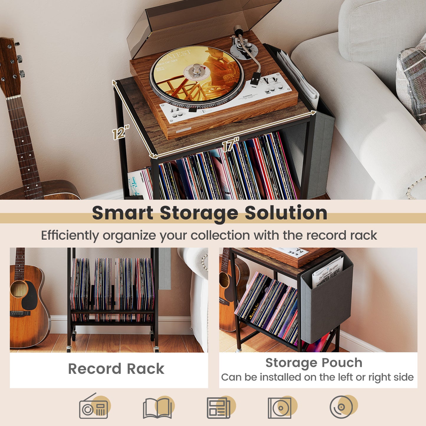 Rolling Record Player Stand 2-Tier with Vinyl Storage and Magazine Holder Bag-Rustic Brown