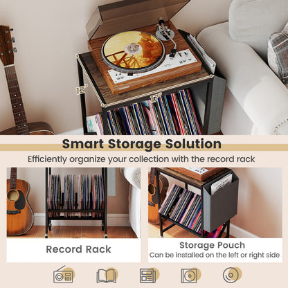 Rolling Record Player Stand 2-Tier with Vinyl Storage and Magazine Holder Bag-Rustic Brown