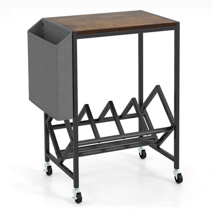 Rolling Record Player Stand 2-Tier with Vinyl Storage and Magazine Holder Bag-Rustic Brown