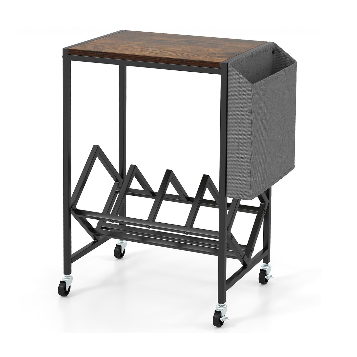 Rolling Record Player Stand 2-Tier with Vinyl Storage and Magazine Holder Bag-Rustic Brown