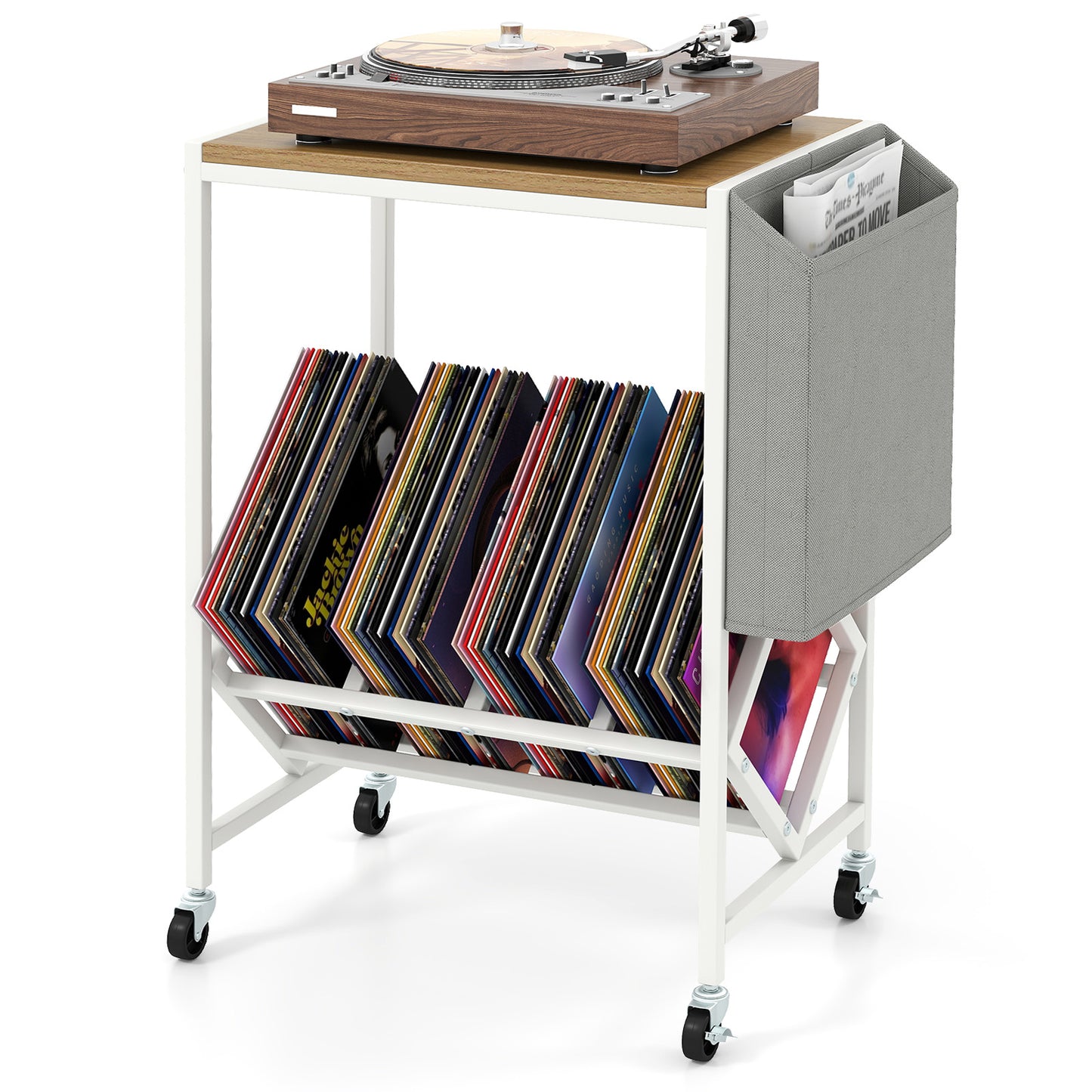 Rolling Record Player Stand 2-Tier with Vinyl Storage and Magazine Holder Bag-Natural