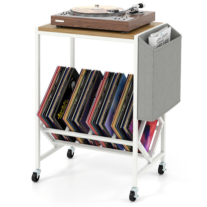 Rolling Record Player Stand 2-Tier with Vinyl Storage and Magazine Holder Bag-Natural