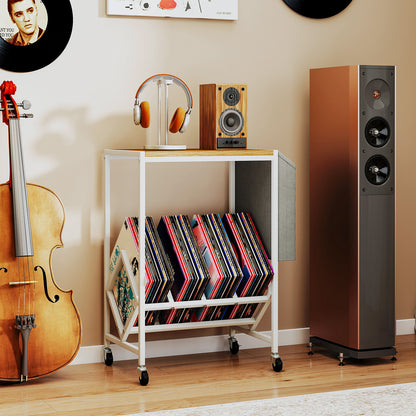 Rolling Record Player Stand 2-Tier with Vinyl Storage and Magazine Holder Bag-Natural