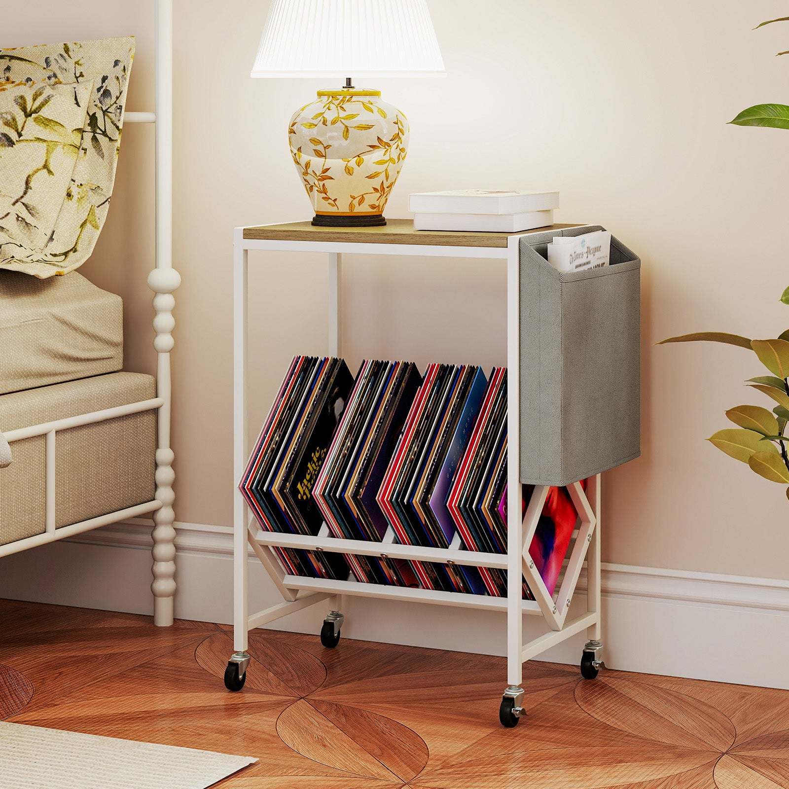Rolling Record Player Stand 2-Tier with Vinyl Storage and Magazine Holder Bag-Natural