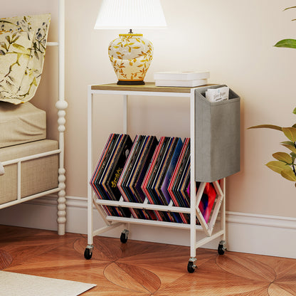 Rolling Record Player Stand 2-Tier with Vinyl Storage and Magazine Holder Bag-Natural
