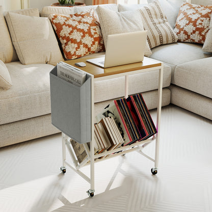 Rolling Record Player Stand 2-Tier with Vinyl Storage and Magazine Holder Bag-Natural