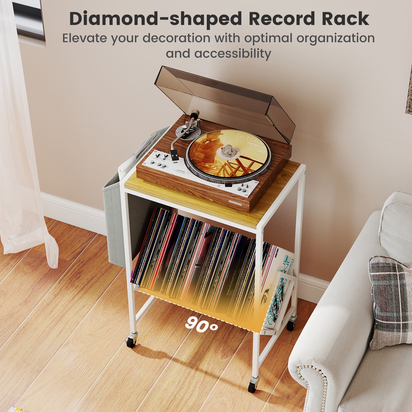 Rolling Record Player Stand 2-Tier with Vinyl Storage and Magazine Holder Bag-Natural