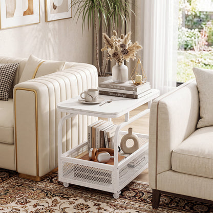 Rolling Side Table with Faux Marble Top and Storage Basket