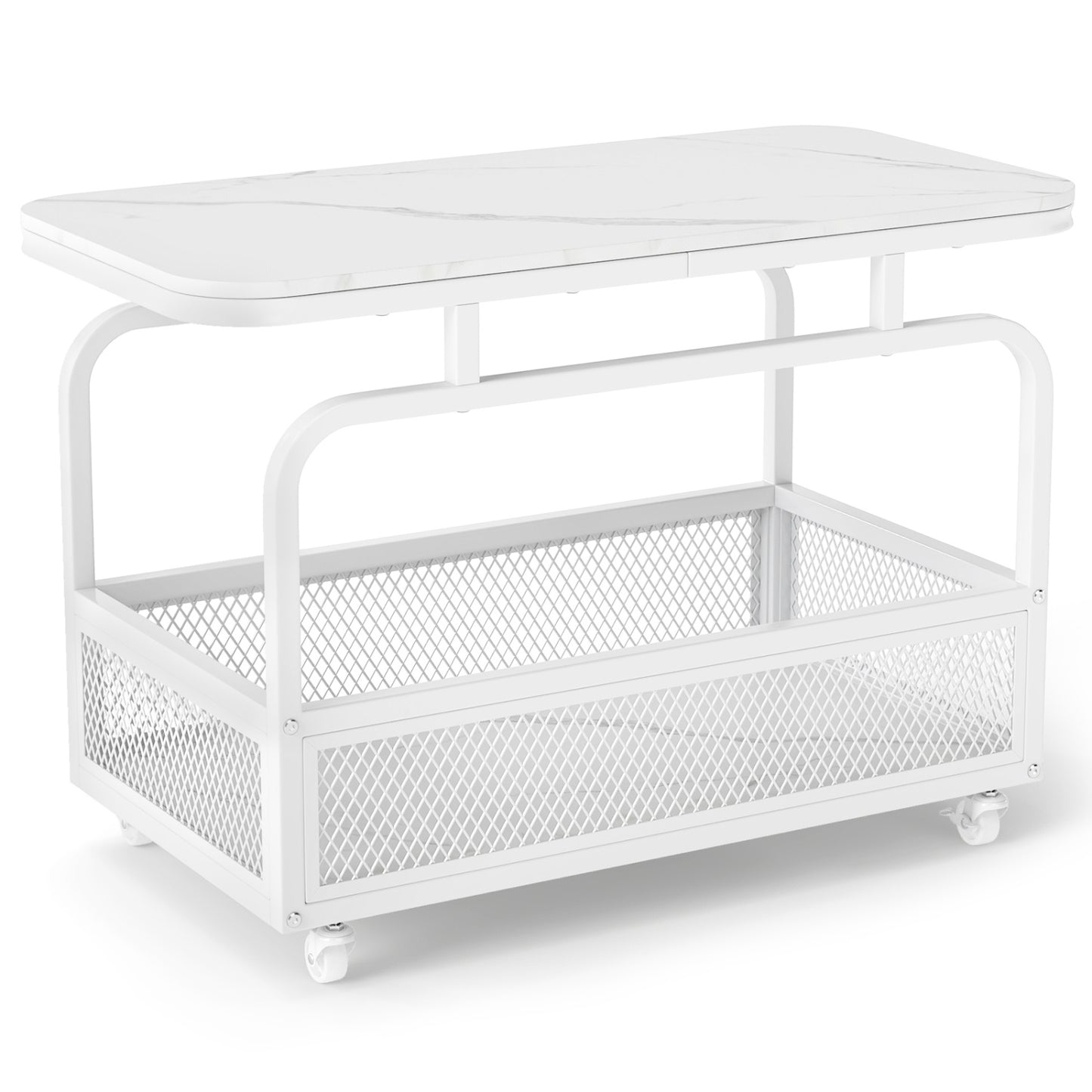 Rolling Side Table with Faux Marble Top and Storage Basket