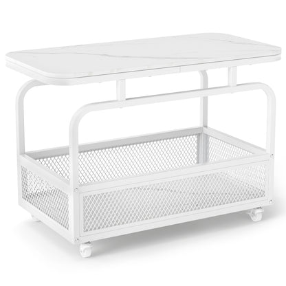 Rolling Side Table with Faux Marble Top and Storage Basket