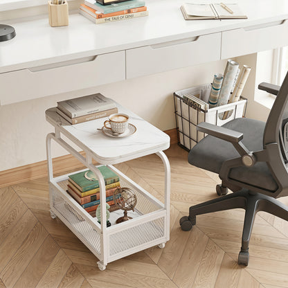 Rolling Side Table with Faux Marble Top and Storage Basket