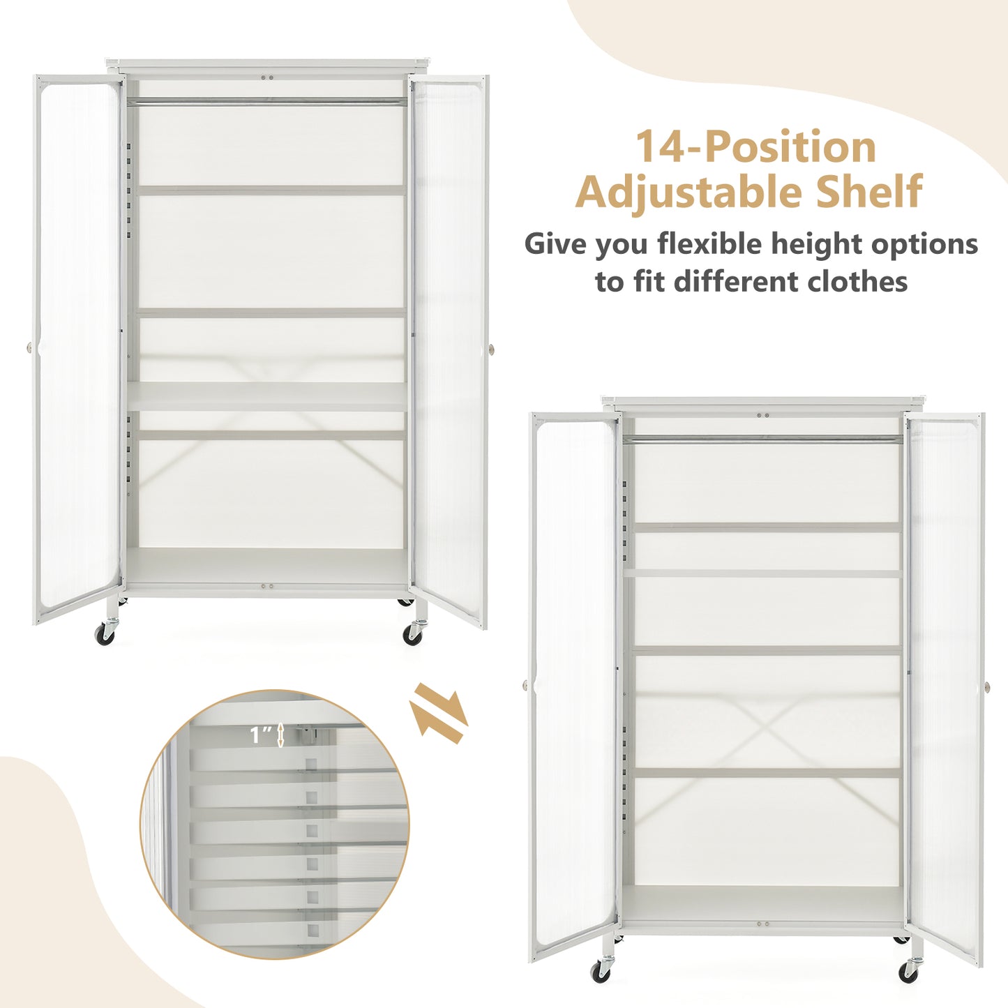 Rolling Storage Armoire Closet with Hanging Rod and Adjustable Shelf-White