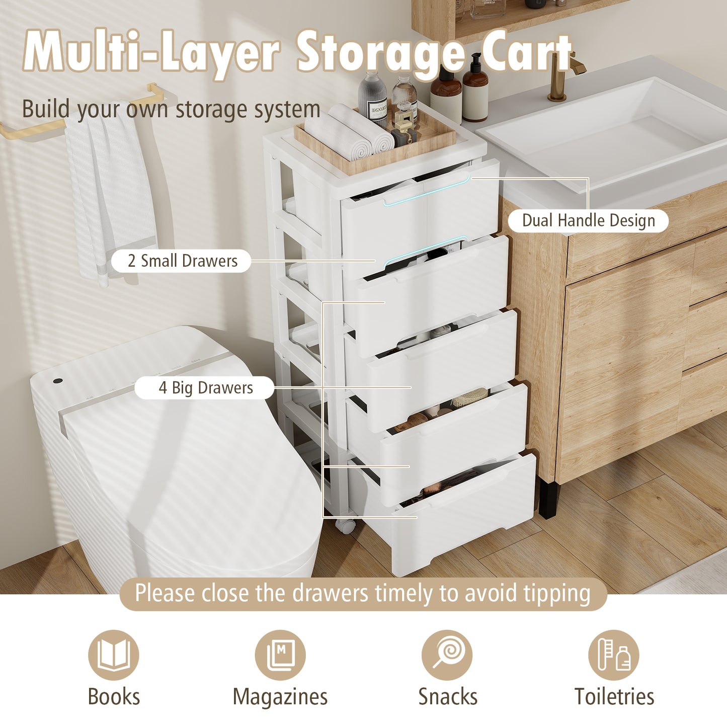 6-Drawer Rolling Storage Cabinet with Wheels - White