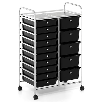 Rolling Storage Cart 15-Drawer Trolley with Chrome Plated Metal Frame-Black