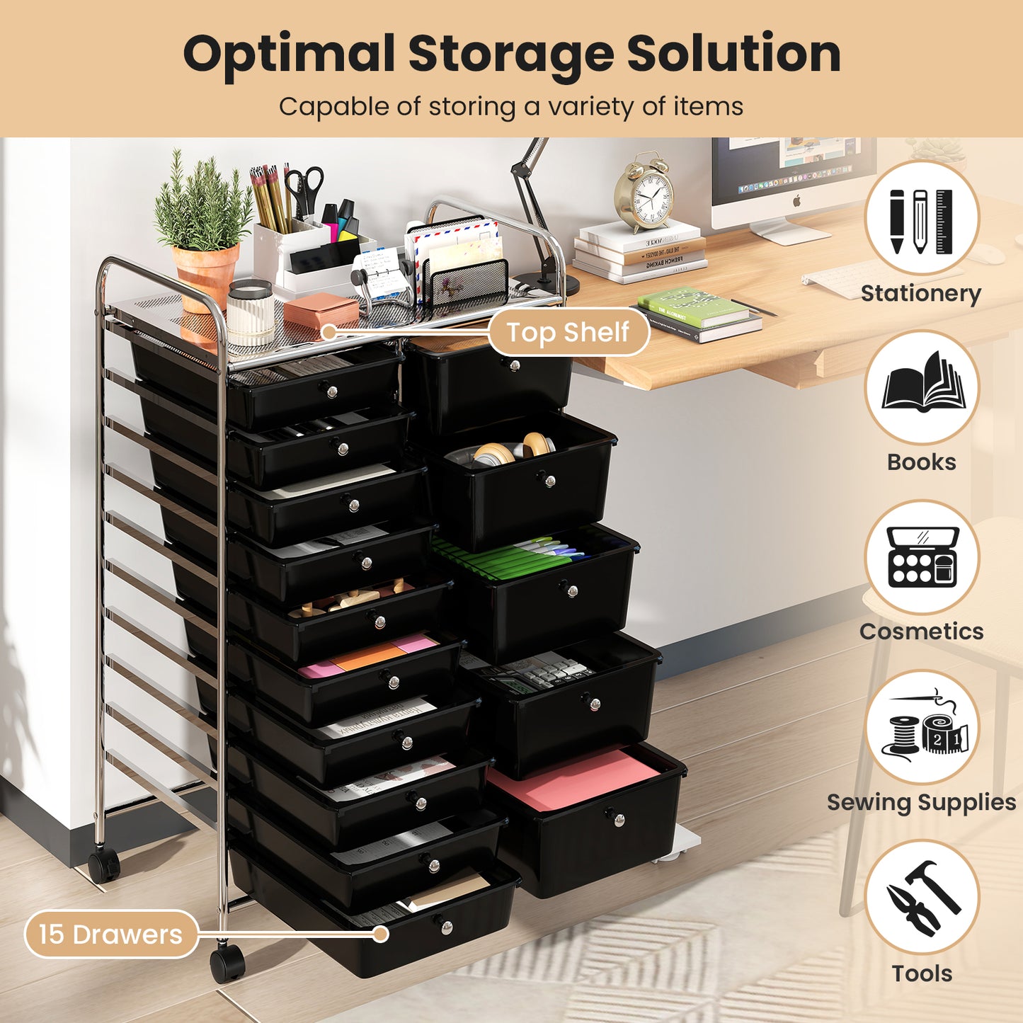 Rolling Storage Cart 15-Drawer Trolley with Chrome Plated Metal Frame-Black