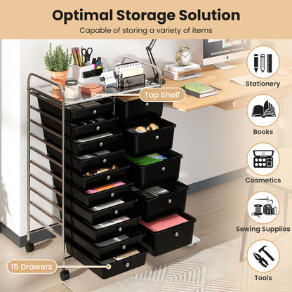 Rolling Storage Cart 15-Drawer Trolley with Chrome Plated Metal Frame-Black