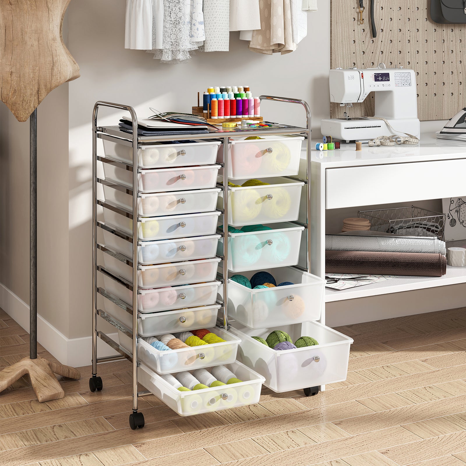 Rolling Storage Cart 15-Drawer Trolley with Chrome Plated Metal Frame-Transparent