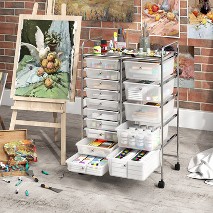 Rolling Storage Cart 15-Drawer Trolley with Chrome Plated Metal Frame-Transparent