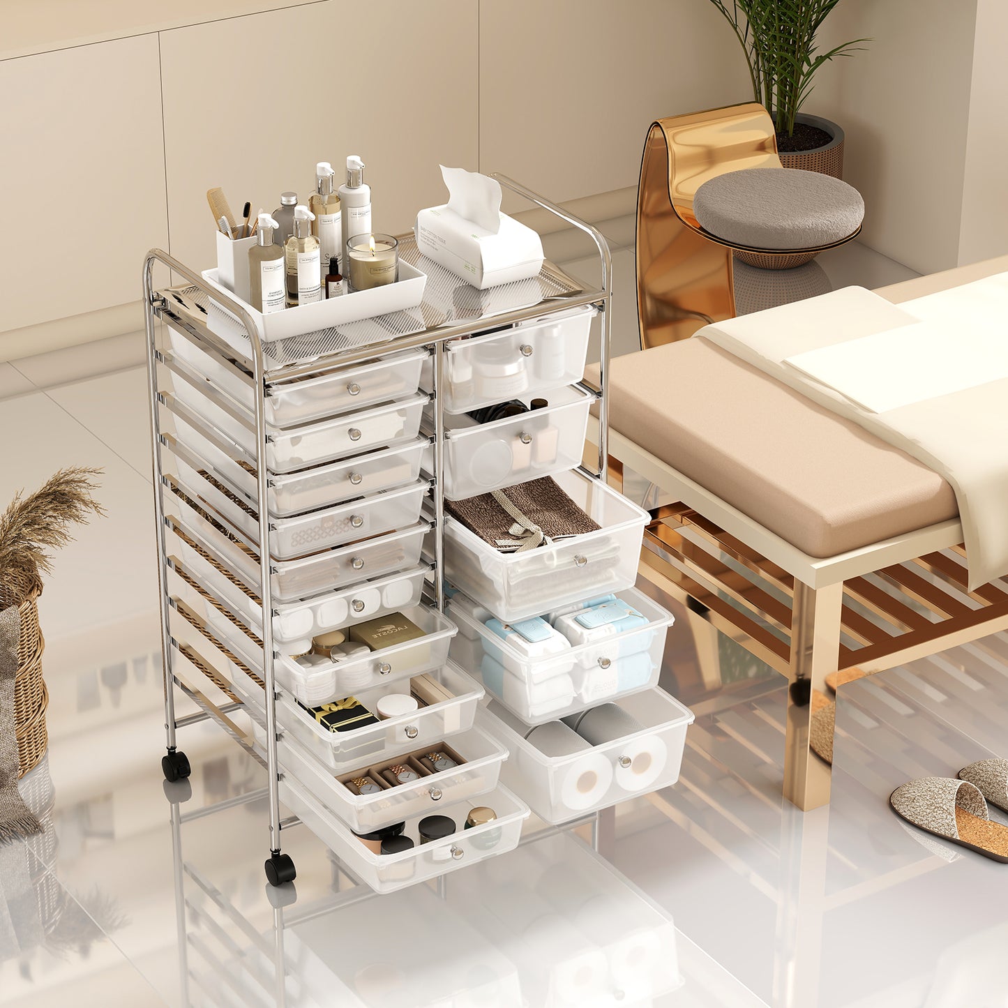 Rolling Storage Cart 15-Drawer Trolley with Chrome Plated Metal Frame-Transparent