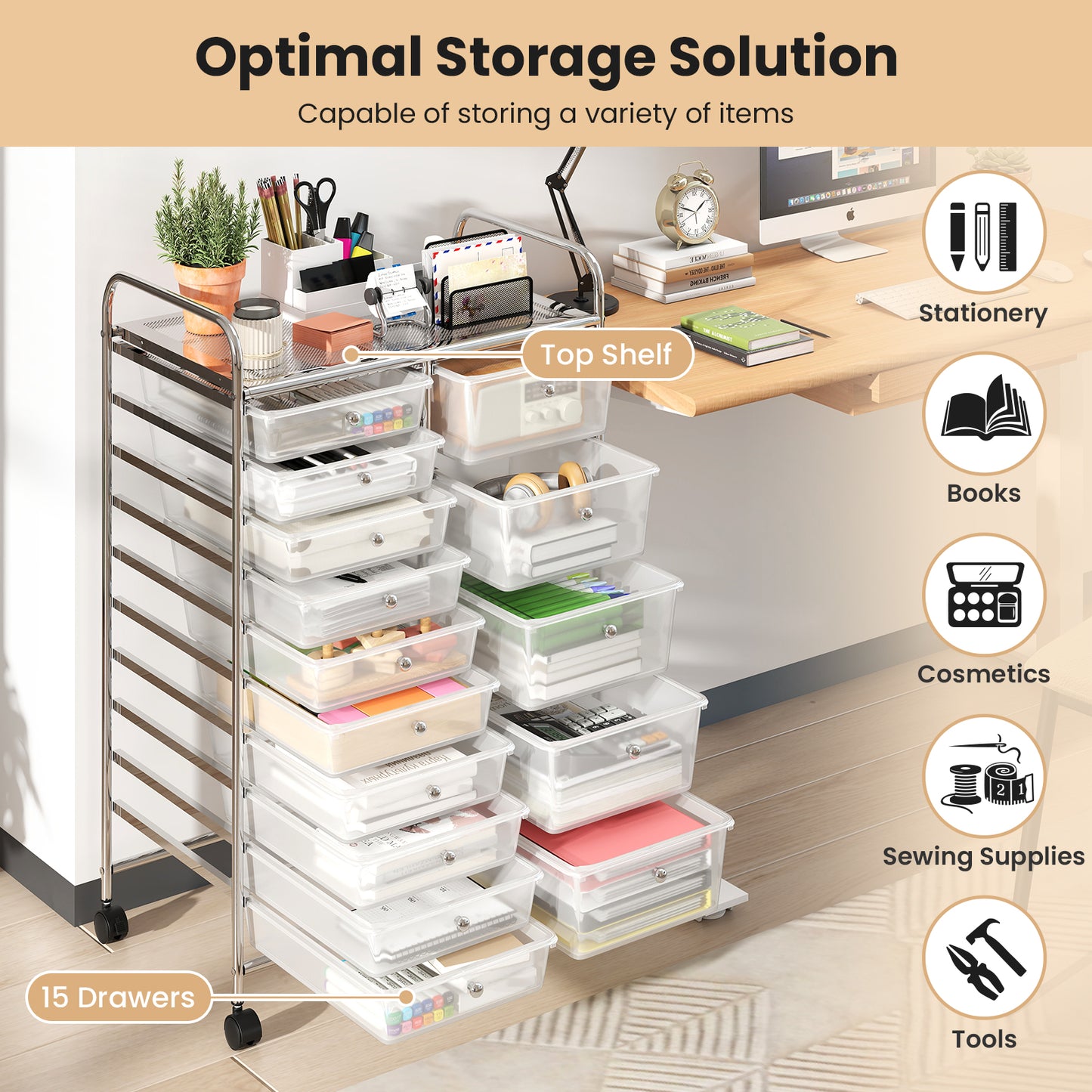 Rolling Storage Cart 15-Drawer Trolley with Chrome Plated Metal Frame-Transparent