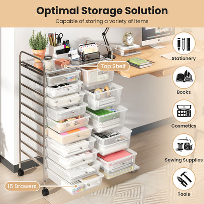 Rolling Storage Cart 15-Drawer Trolley with Chrome Plated Metal Frame-Transparent