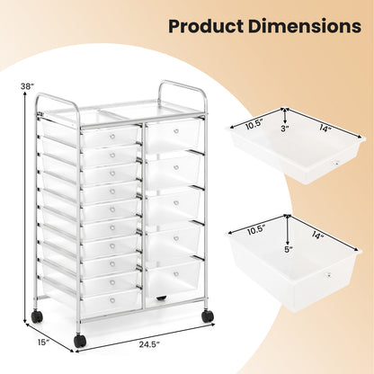 Rolling Storage Cart 15-Drawer Trolley with Chrome Plated Metal Frame-Transparent