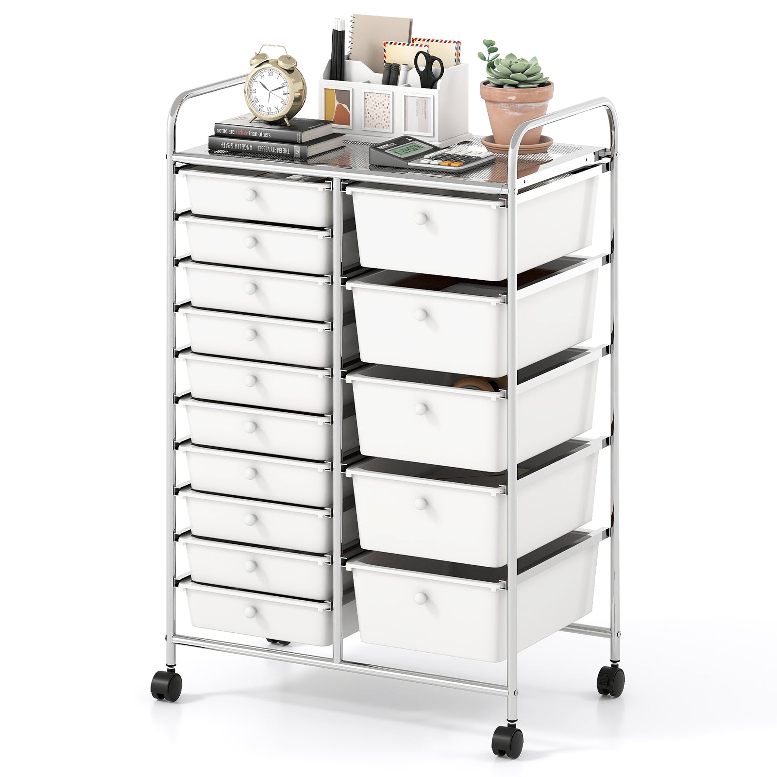 Rolling Storage Cart 15-Drawer Trolley with Chrome Plated Metal Frame-White