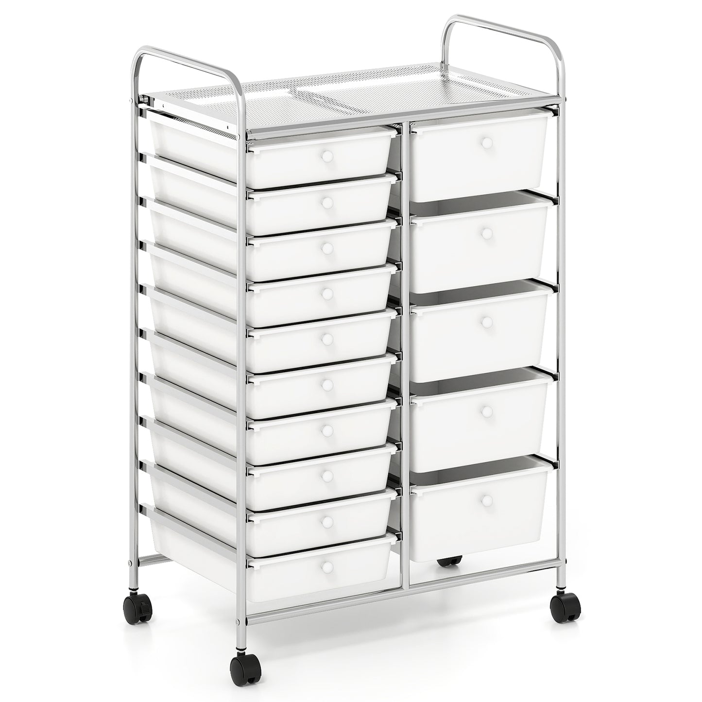 Rolling Storage Cart 15-Drawer Trolley with Chrome Plated Metal Frame-White
