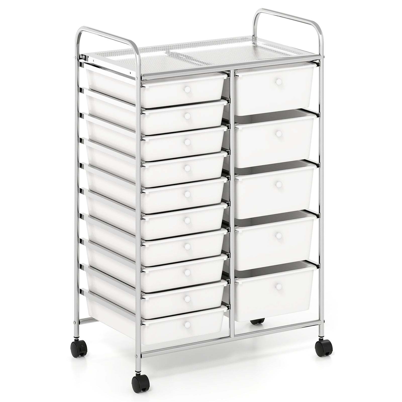 Rolling Storage Cart 15-Drawer Trolley with Chrome Plated Metal Frame-White