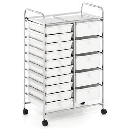 Rolling Storage Cart 15-Drawer Trolley with Chrome Plated Metal Frame-White