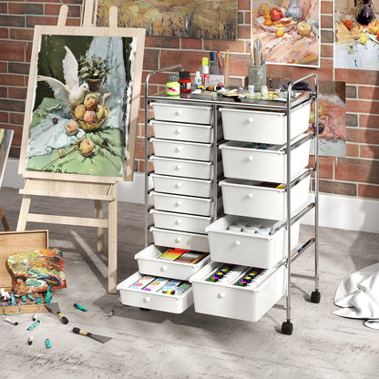 Rolling Storage Cart 15-Drawer Trolley with Chrome Plated Metal Frame-White