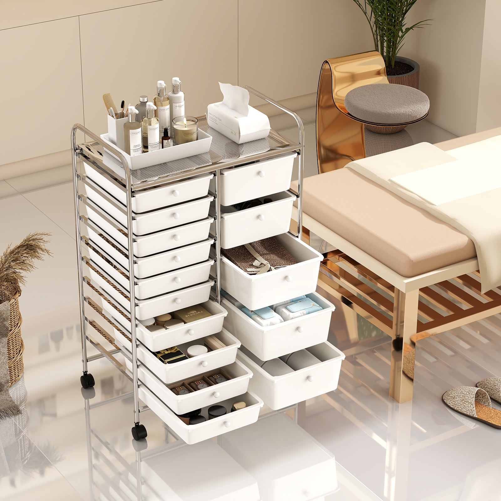 Rolling Storage Cart 15-Drawer Trolley with Chrome Plated Metal Frame-White