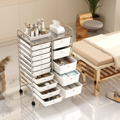 Rolling Storage Cart 15-Drawer Trolley with Chrome Plated Metal Frame-White