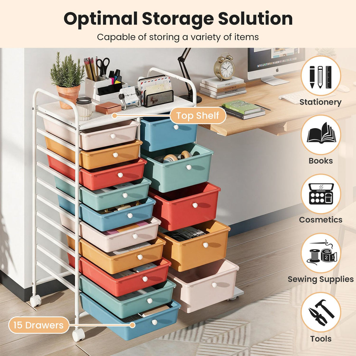 Rolling Storage Cart 15-Drawer Trolley with Chrome Plated Metal Frame