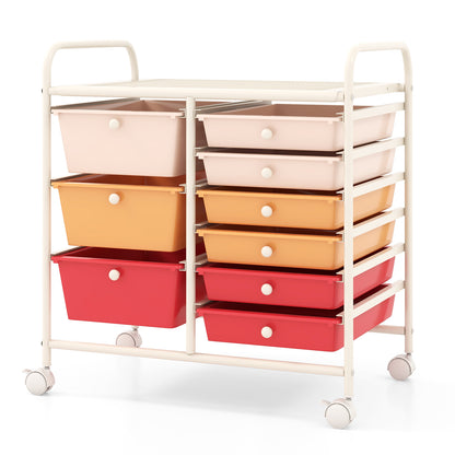 9-Drawer Rolling Storage Cart with Colorful Drawers and Metal Frame-Peach - Macaron