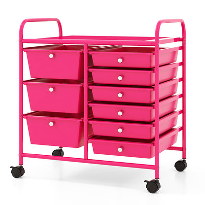 9-Drawer Rolling Storage Cart with Colorful Drawers and Metal Frame-Peach - Light Pink