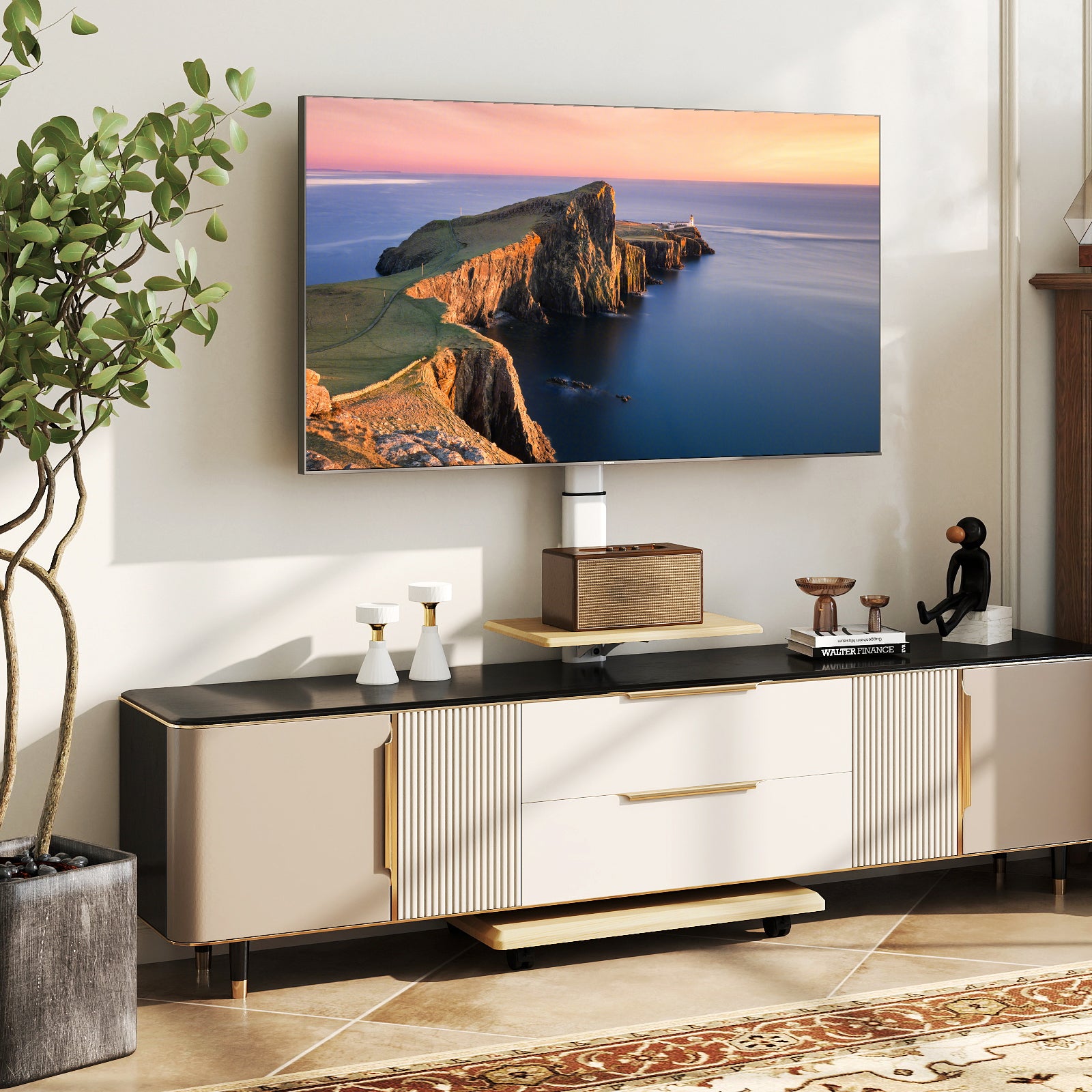 Rolling TV Stand on Wheels Mobile TV Cart for 32-75 Inch TVs Portable AV Cart-Natural