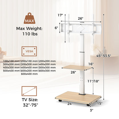 Rolling TV Stand on Wheels Mobile TV Cart for 32-75 Inch TVs Portable AV Cart-Natural