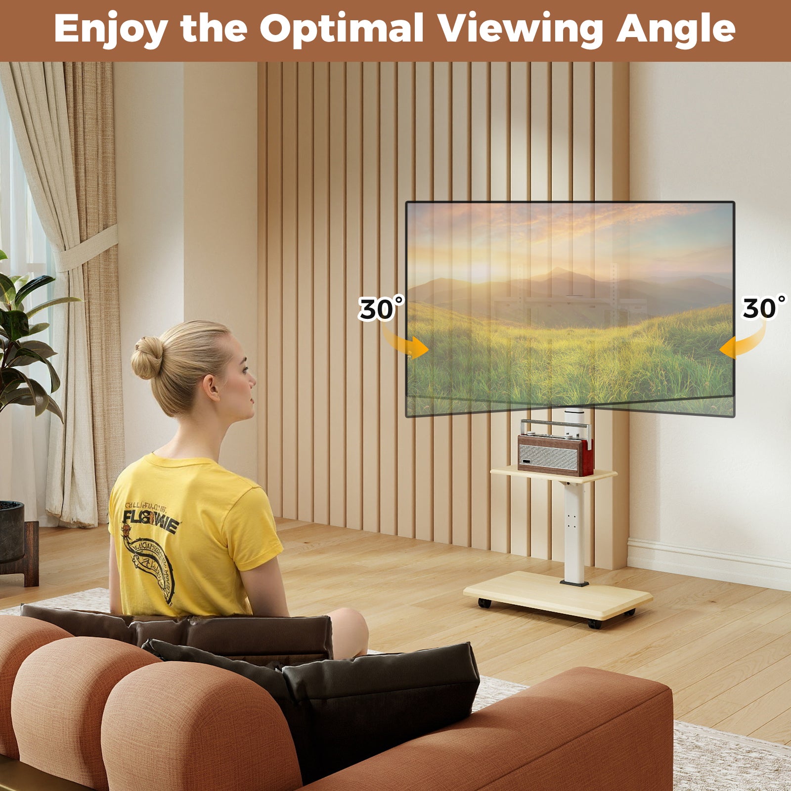 Rolling TV Stand on Wheels Mobile TV Cart for 32-75 Inch TVs Portable AV Cart-Natural