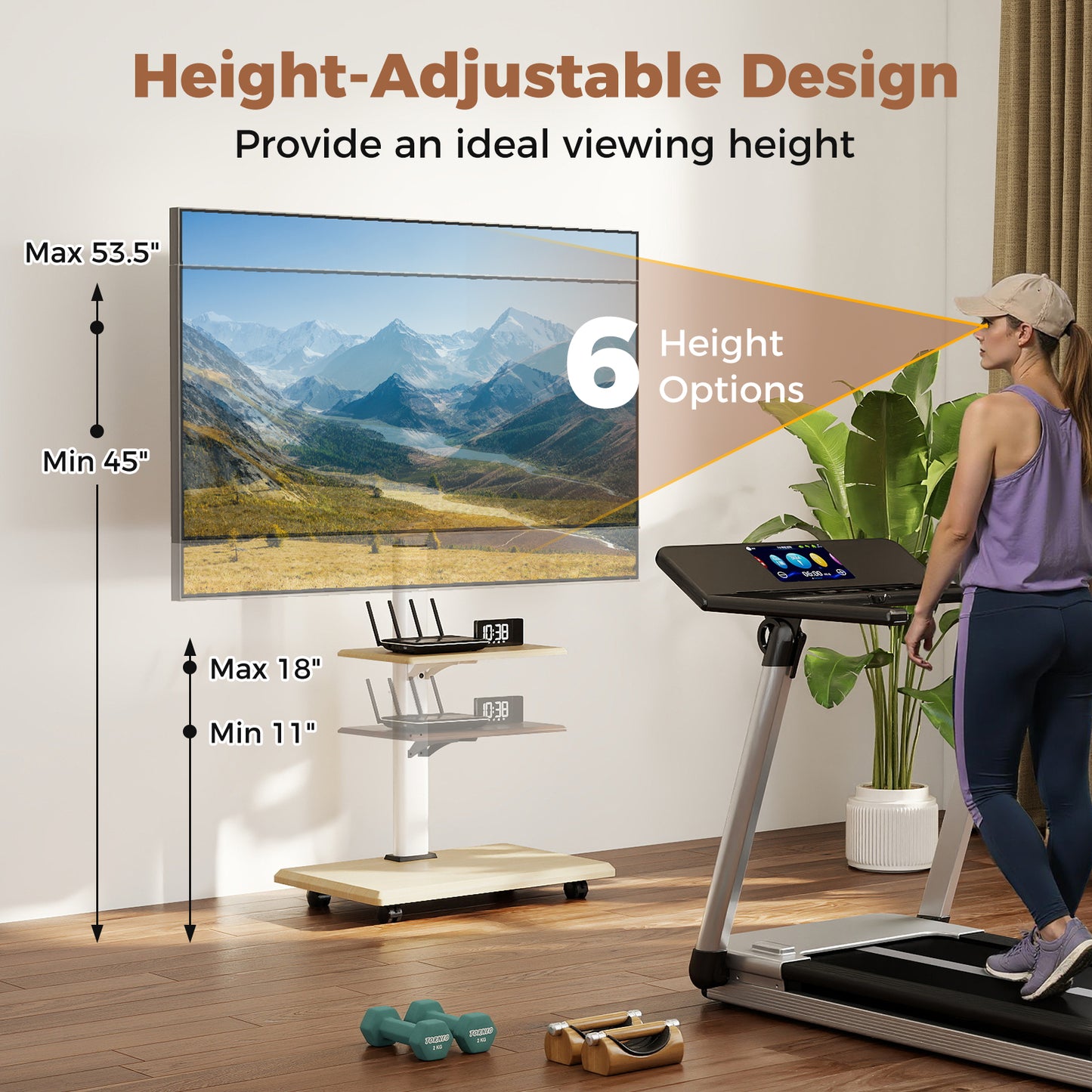 Rolling TV Stand on Wheels Mobile TV Cart for 32-75 Inch TVs Portable AV Cart-Natural