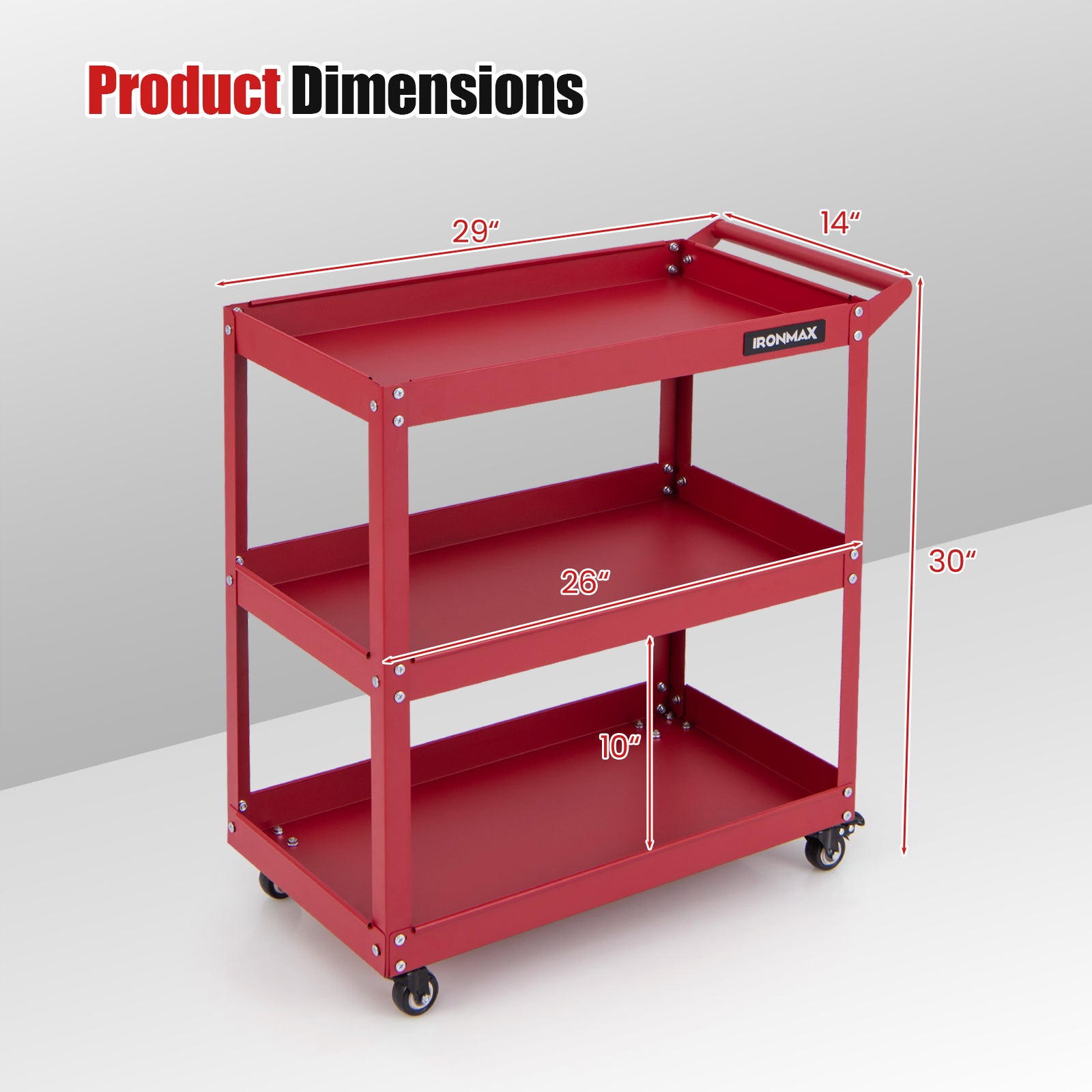 3-Tier Rolling Tool Cart with Spacious Shelves 4 Universal Wheels and 2 Brakes-Red