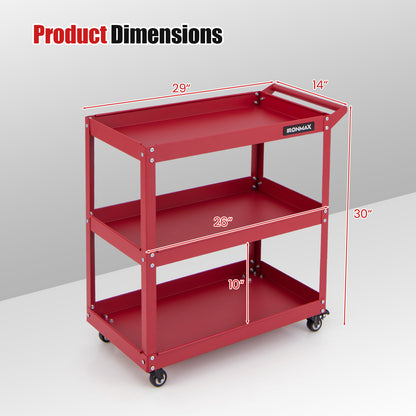 3-Tier Rolling Tool Cart with Spacious Shelves 4 Universal Wheels and 2 Brakes-Red