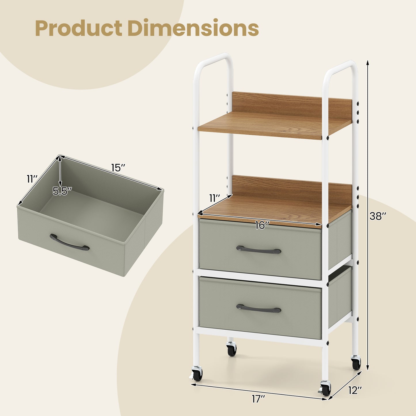 Rolling Utility Storage Cart with 2 Open Shelves and 2 Fabric Drawers-Natural