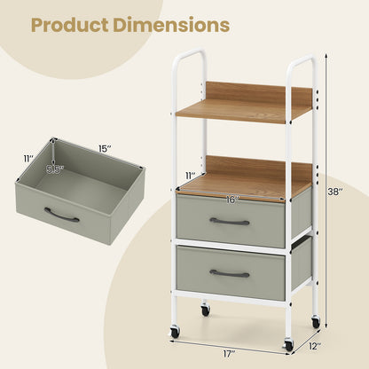 Rolling Utility Storage Cart with 2 Open Shelves and 2 Fabric Drawers-Natural