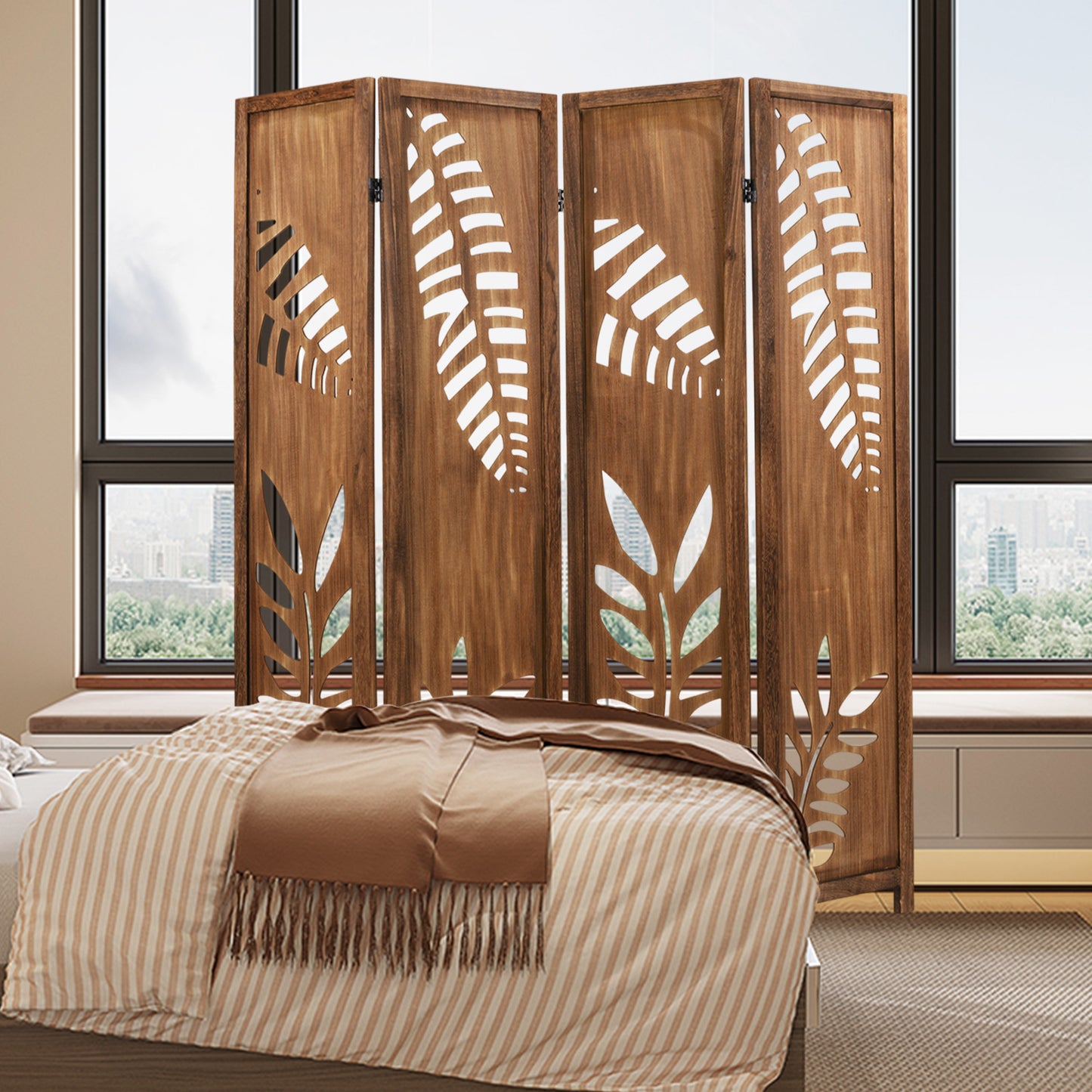 Room Divider 5.6 FT Folding Partition Stand with Double Action Metal Hinges-4 Panel