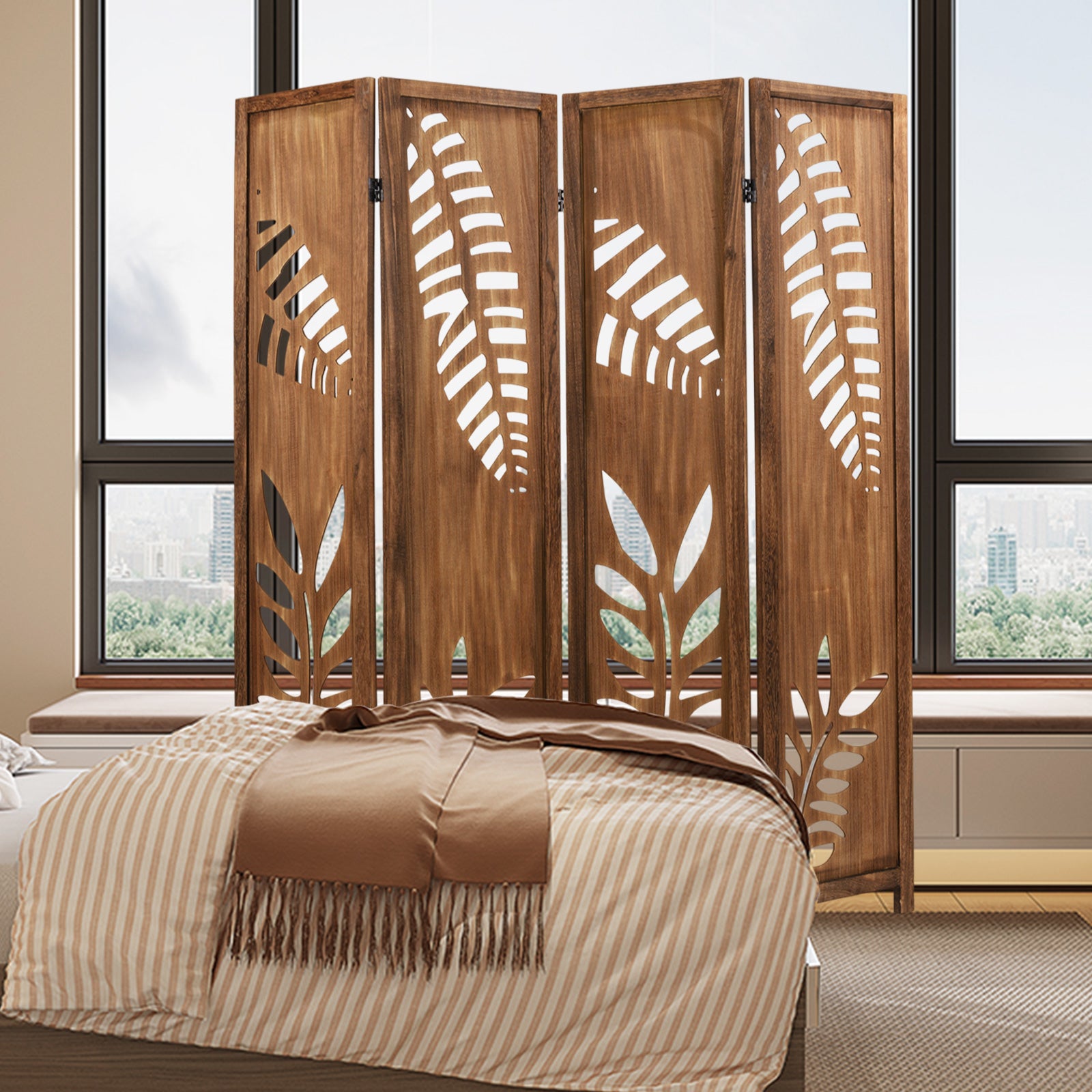 Room Divider 5.6 FT Folding Partition Stand with Double Action Metal Hinges-4 Panel