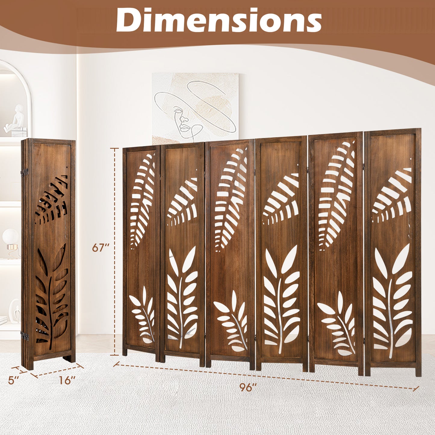 Room Divider 5.6 FT Folding Partition Stand with Double Action Metal Hinges-6 panel