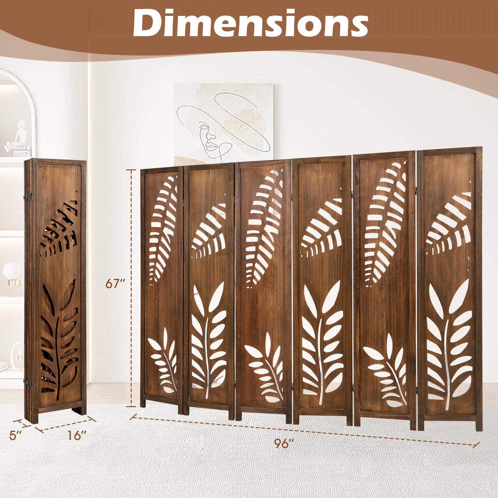 Room Divider 5.6 FT Folding Partition Stand with Double Action Metal Hinges-6 panel