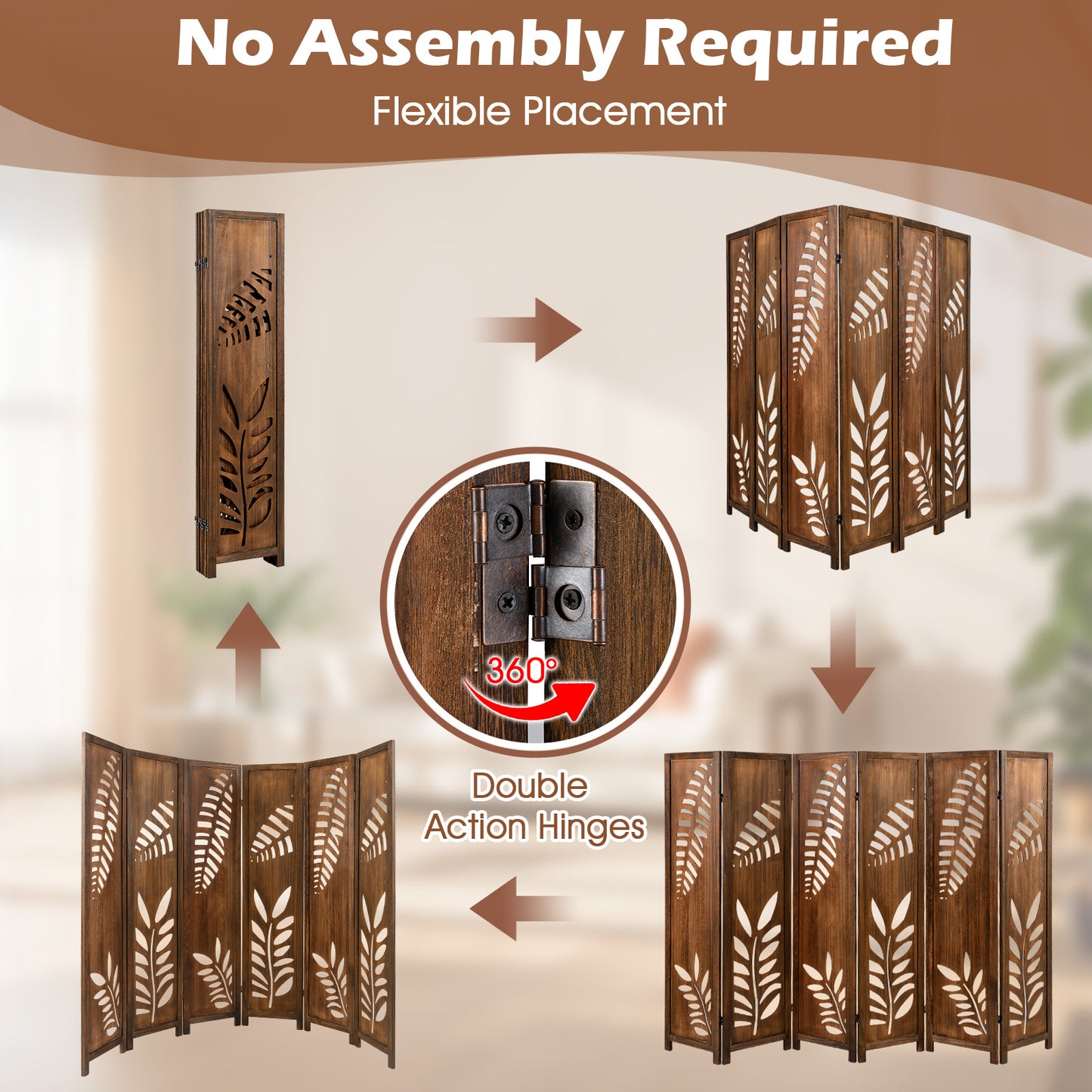 Room Divider 5.6 FT Folding Partition Stand with Double Action Metal Hinges-6 panel