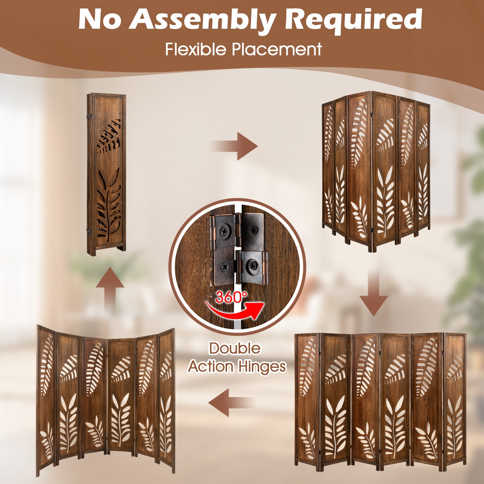 Room Divider 5.6 FT Folding Partition Stand with Double Action Metal Hinges-6 panel